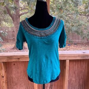Anthropologie Deletta Women's Teal Beaded Neck Short Sleeve Top Size S